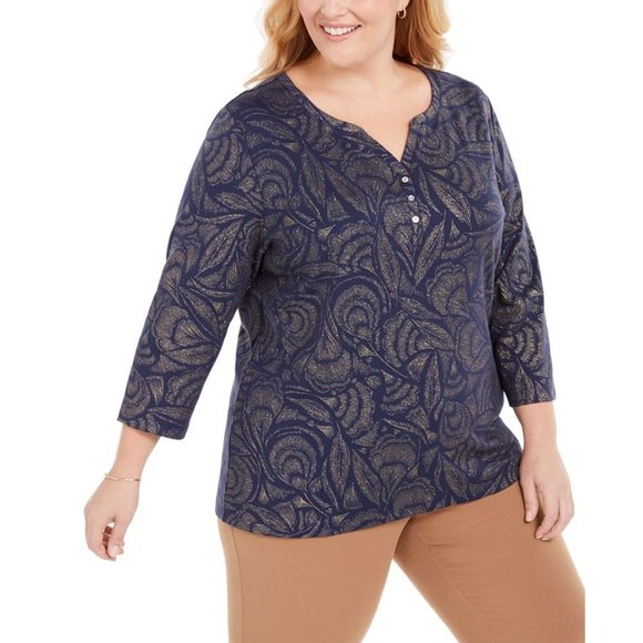 Karen Scott Women Plus Size Blue 3/4 Sleeve Henley Button Neck Printed Top - Picture 1 of 6